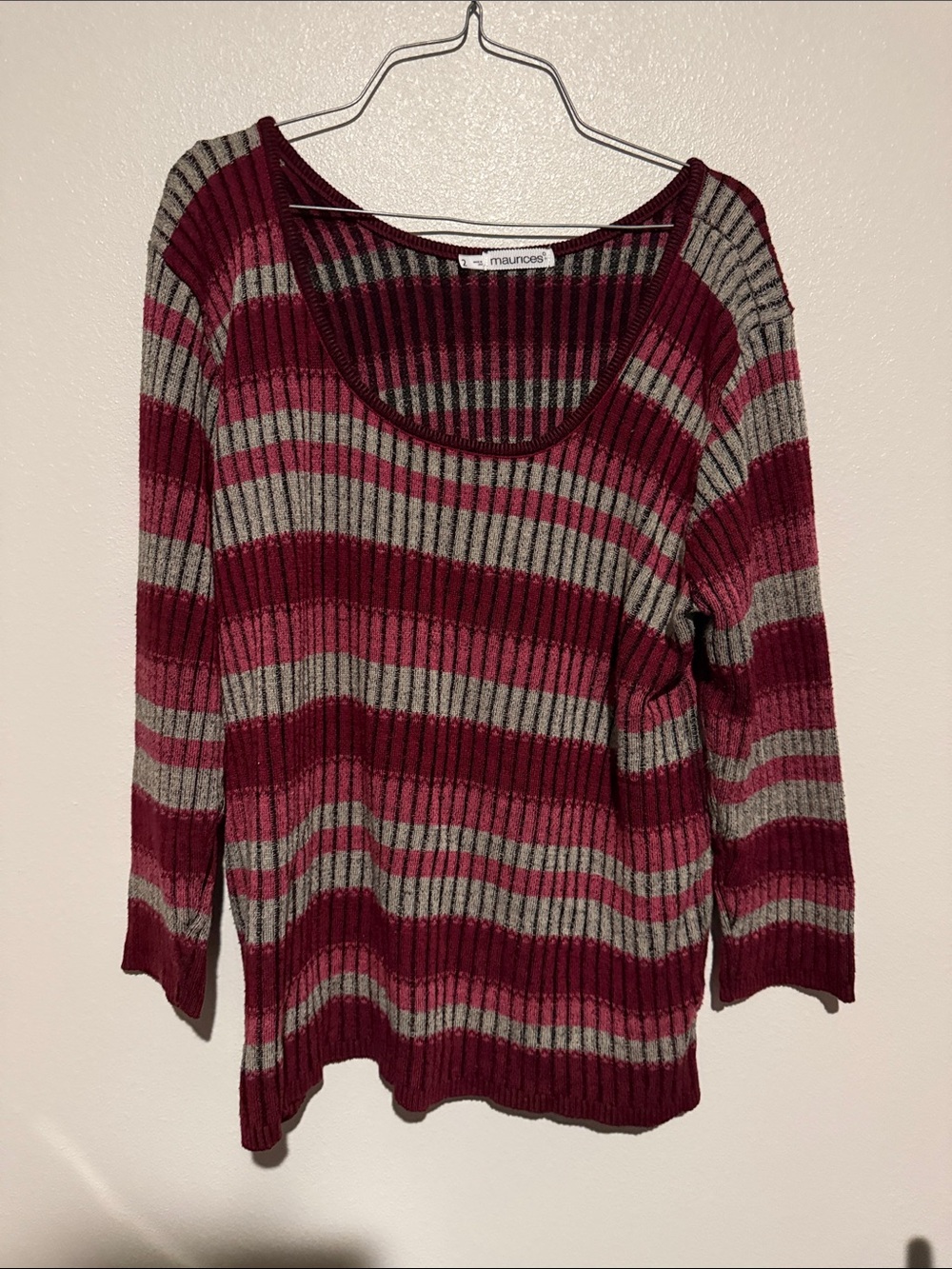 Maurices Burgundy and Gray Striped Scoop Neck Sweater